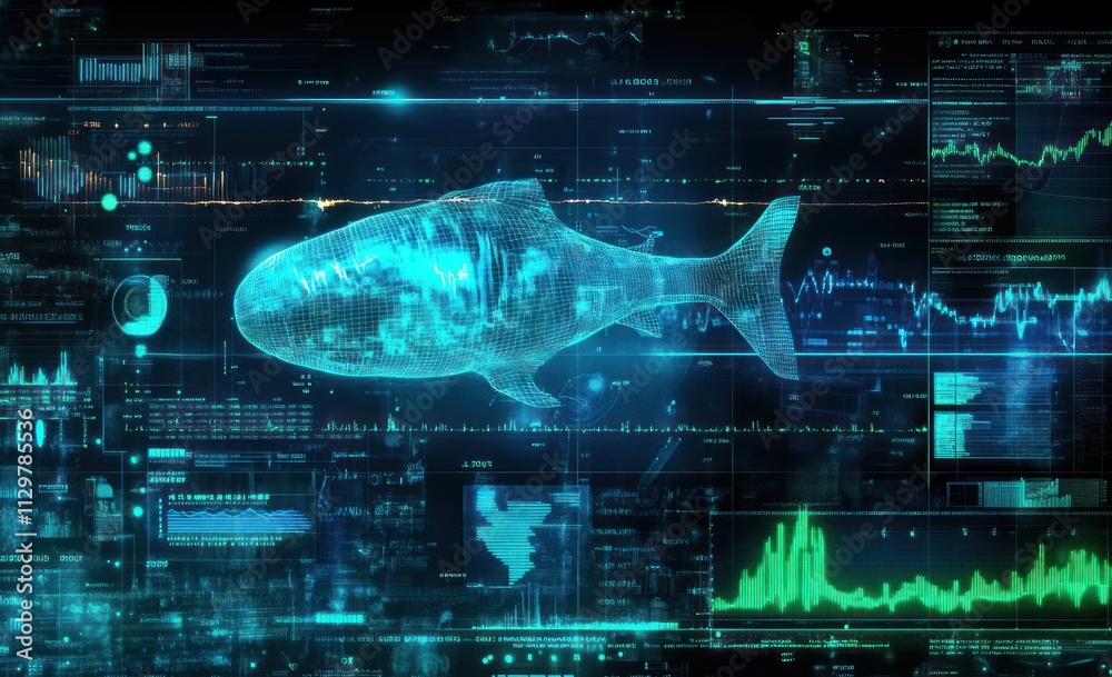 Aufkleber Futuristic digital fish hologram overlaid on data charts and graphs.