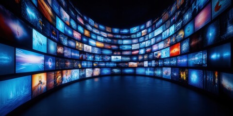Multimedia streaming wall with vibrant channel images creates colorful abstract entertainment background. Many screens show various colorful moving images. Dynamic content streams, digital media wall