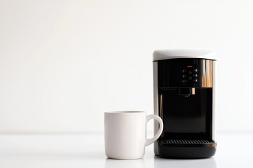 Modern Coffee Machine and Mug on White Background: A Minimalist Home Beverage Setup