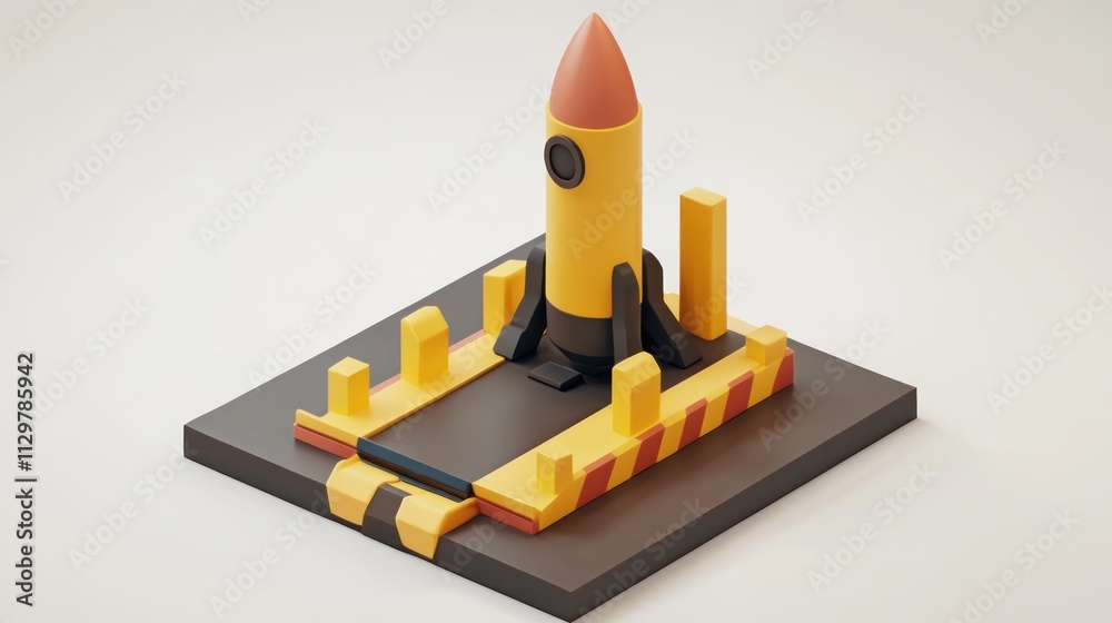 Poster low-poly 3d model of a yellow rocket on a launchpad.
