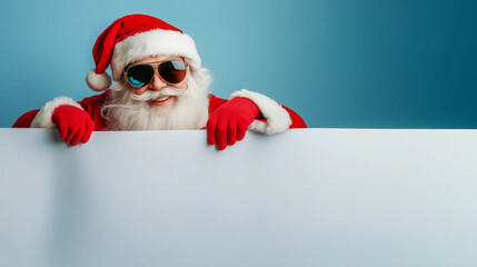 Naklejka premium Santa Claus wearing sunglasses peeking from behind a white blank poster, against a blue background, with copy space. 