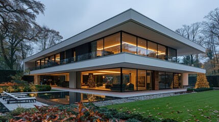 Fototapeta premium Modern two-story house with pool and garden at dusk.