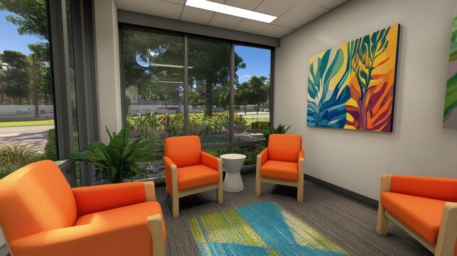 Modern waiting area with orange chairs and abstract art