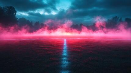 Foggy Soccer Field at Dusk with Neon Pink and Blue Lighting in Surreal Scene