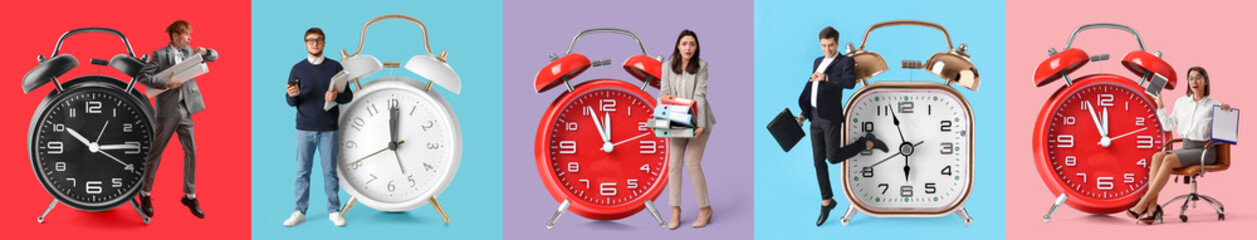 Set of different people and big alarm clocks on color background. Time management concept