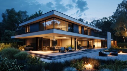 A contemporary villa at night with illuminated windows and a spacious deck featuring a hot tub and modern seating. The surrounding garden is lush with a variety of plants. Ultra-detailed