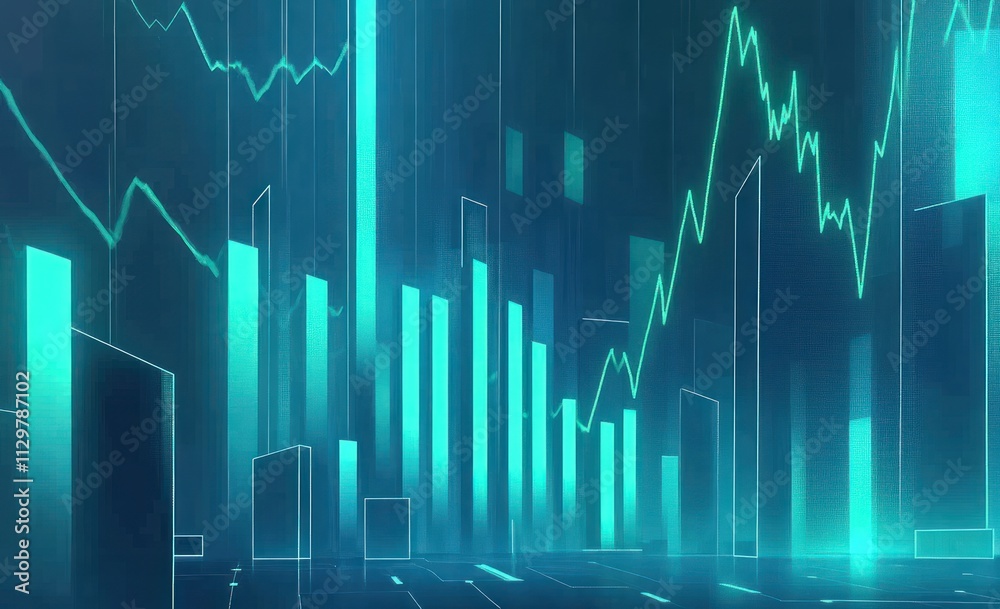Poster abstract glowing teal bar and line graphs on dark background.