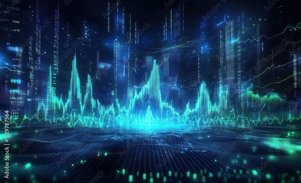 Aufkleber Futuristic cityscape with glowing data streams and graphs.