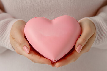 Obraz premium A gentle embrace of love symbolized by a soft pink heart held in hands.