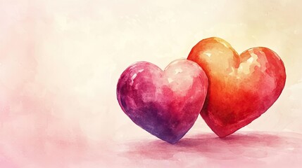 Obraz premium Two colorful hearts symbolizing love and affection on a soft, pastel background.