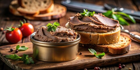 Moody low-light image: rich liver p&acirc;t&eacute; texture, creamy spread, dark background.