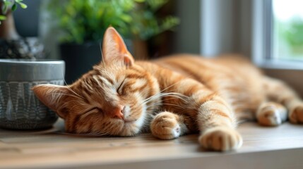Fototapeta premium Orange tabby cat sleeping peacefully on wooden surface near plants.