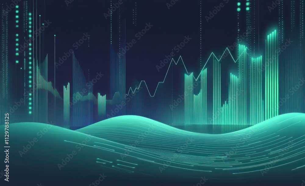 Aufkleber Abstract teal digital landscape with glowing data graphs and waves.