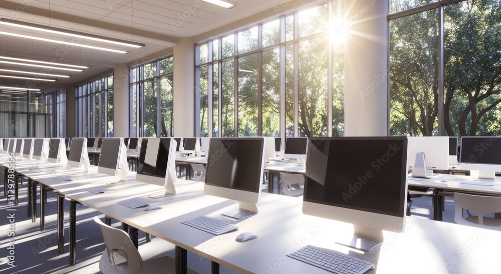 Poster Sunlit computer lab with rows of desktops and large windows overlooking a green landscape.