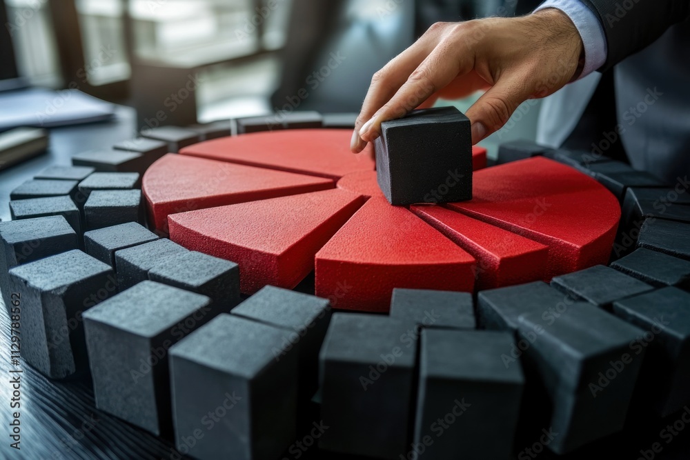 Poster close-up of hand placing black cube on red pie chart.