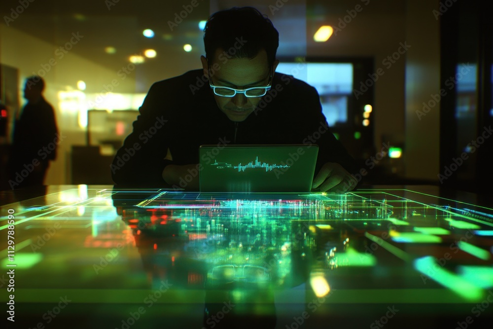 Aufkleber Man works on laptop with futuristic interface.