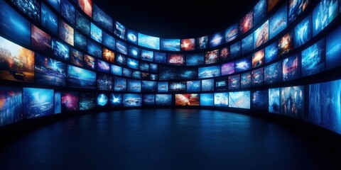 Multimedia streaming wall shows colorful vibrant images. Abstract entertainment background. Various channel images displayed on multiple screens. Dynamic displays with colorful abstract images. Tech