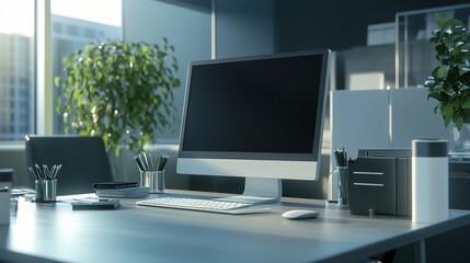 Clean Modern Workspace with Computer and Digital Elements