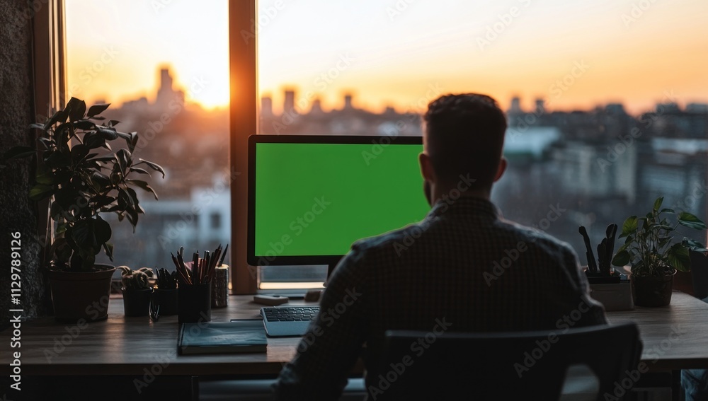 Poster Man working at computer, sunset view.
