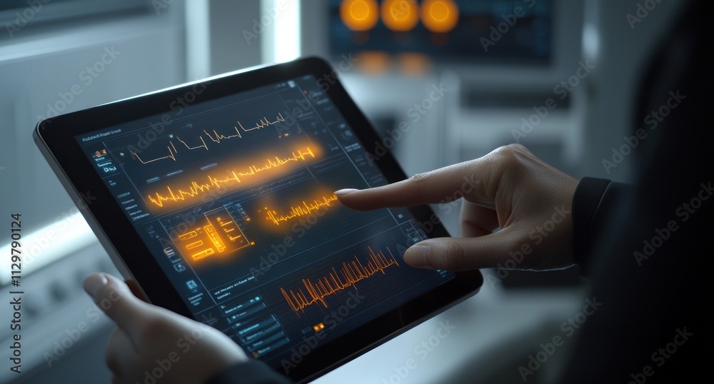 Leinwandbilder Hands using tablet displaying data graphs.