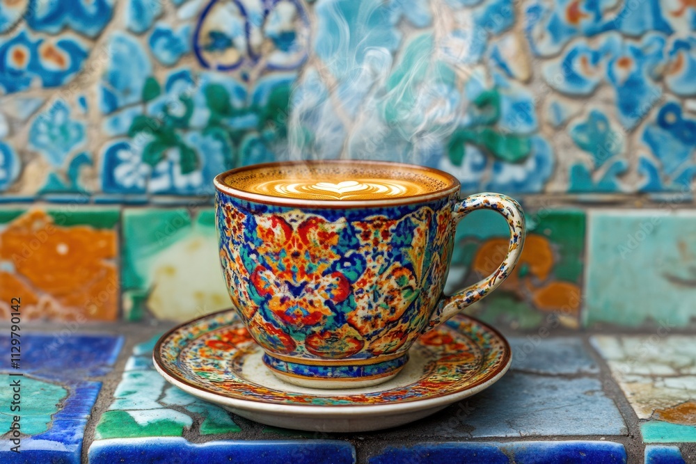 Poster steaming latte art in an ornate cup against a colorful tiled background.