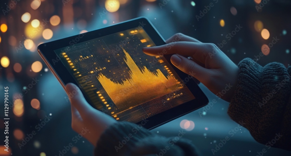 Poster hands holding tablet displaying stock market graph at night.