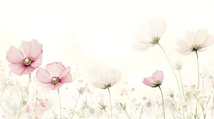 A gentle watercolor illustration featuring understated cosmos flowers in pale pink and white, set against a light cream backdrop, emphasizing simplicity and the beauty of nature 