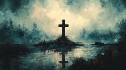 Fototapeta premium Solitary Cross in Misty Seascape with Ethereal Light and Soft Cool Colors