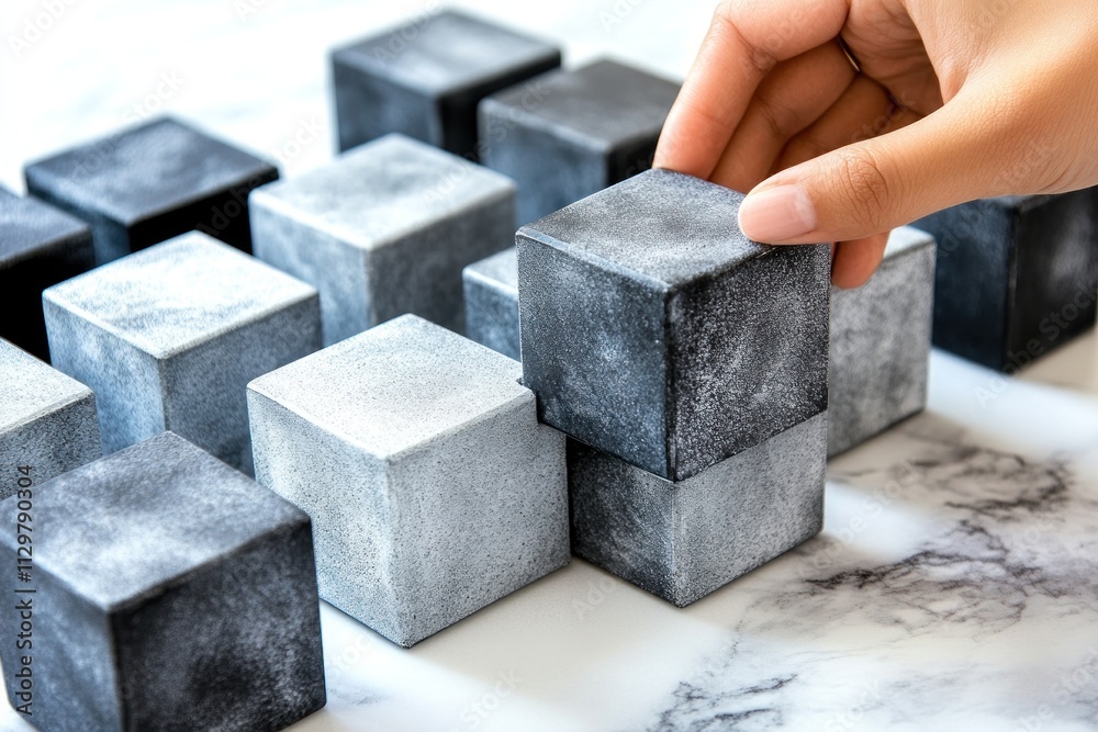 Leinwandbilder hand placing a gray stone cube onto a pattern of similar cubes on a marble surface.