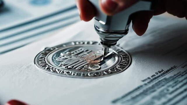 Notary public embossing seal on document