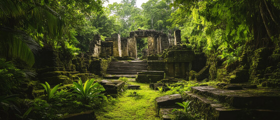Ancient Mayan Ruins Overgrown by Lush Tropical Rainforest