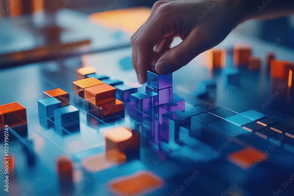 Poster Hand placing colorful blocks on a reflective surface, creating a structure.