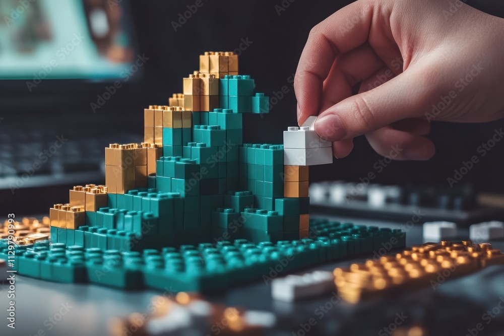 Leinwandbilder hand adding a white block to a teal and gold block chart.