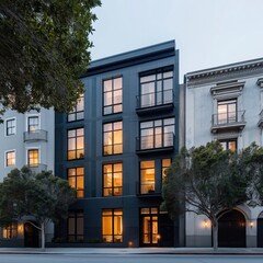 Fototapeta premium Exterior view of modern multifamily building in San Francisco South of Market district. Dark facade with large windows. Building sits next to older style building. Evening light shines inside