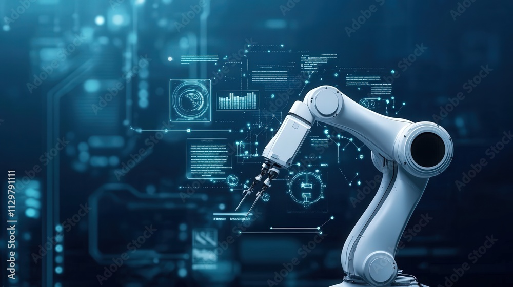 Poster High-tech industrial robotic arm performing precision tasks in a futuristic digital factory environment with data analytics and visualization elements