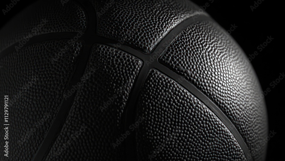 Poster close-up of a black basketball with textured surface and seams against a dark background.