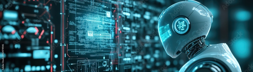 Fototapete Futuristic Robot Analyzing Data in a High-Tech Environment with Digital Screens and Neon Lights, Representing Advanced Technology and Artificial Intelligence Concepts