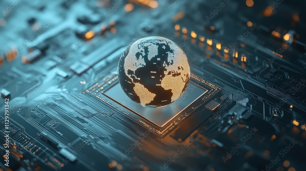 Poster Futuristic Globe on Circuit Board Displaying Global Connectivity and Technology Advancements in Digital World, Symbolizing Innovation and Modern Communication