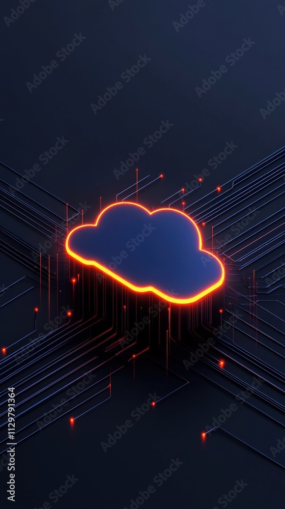 Aufkleber Abstract representation of cloud computing technology with glowing circuitry, highlighting digital connectivity and modern network infrastructure in a dark theme.