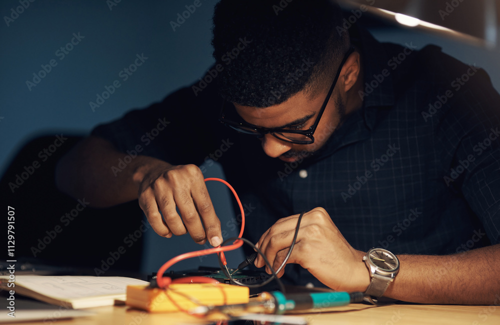 Poster it, technician and man with hardware, fixing and working late in office, service and specialist with