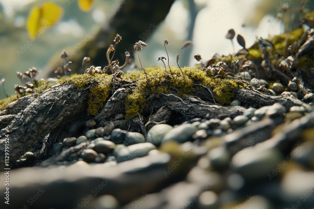 Poster close-up of moss-covered tree roots and pebbles.
