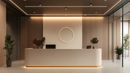 Modern minimalist beige reception desk in a contemporary office lobby with wood paneling, plants, and a circular logo space.