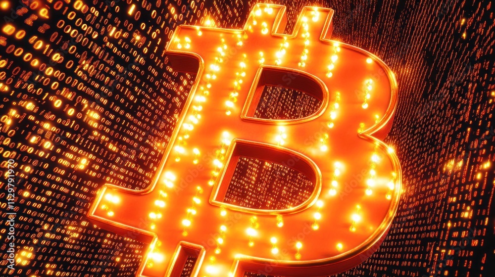 Poster Glowing Bitcoin symbol in a binary code background.