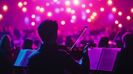 Fototapeta premium Violinist performing on stage with a choir and colorful lights.