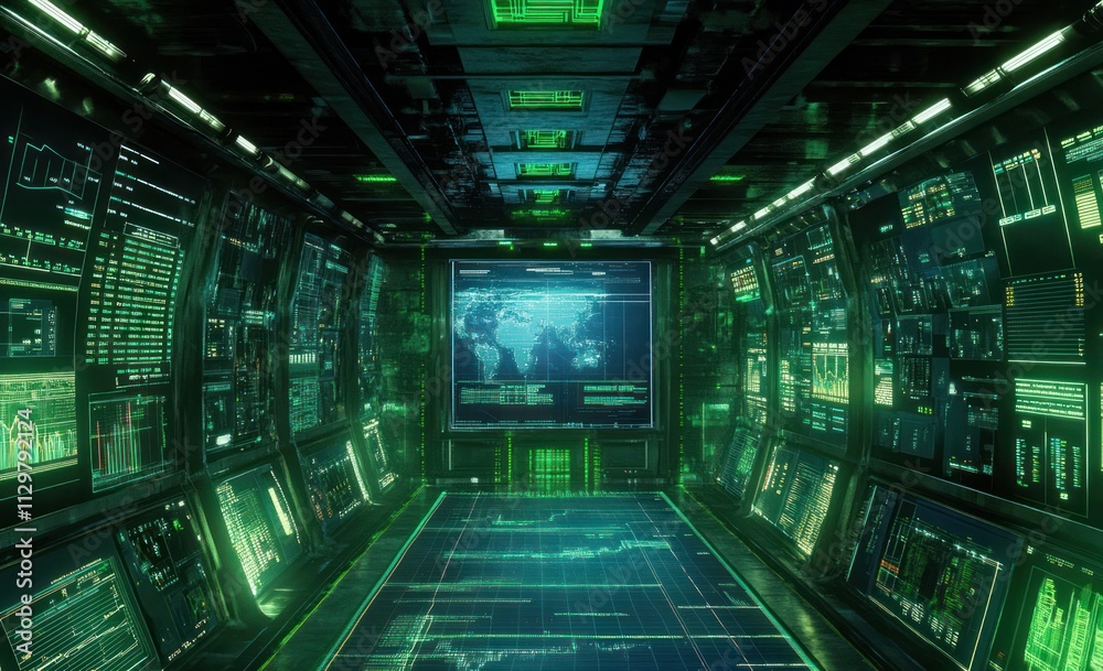 Aufkleber Futuristic control room with glowing green screens displaying data and a world map.