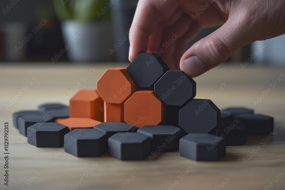 Aufkleber Hand arranging hexagonal blocks, building a structure.