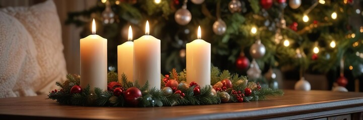 Softly glowing candles on a side table near a beautifully decorated Christmas tree with ornaments and garlands, cozy ambiance, soft light