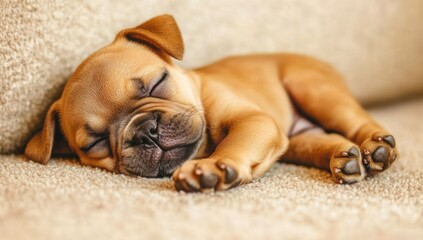 Adorable fawn-colored puppy sleeping soundly on a beige sofa.
