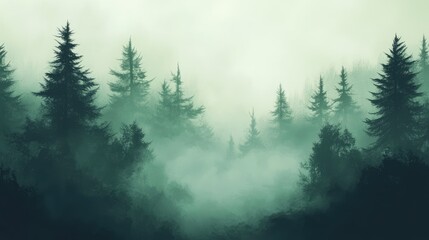 Mystic foggy dark green pine tree forest, landscape background