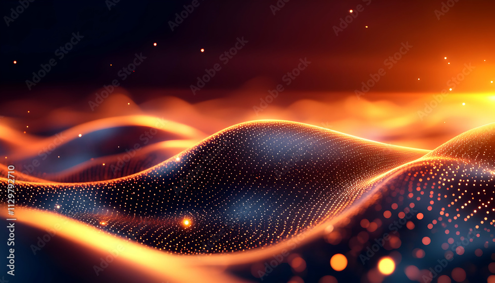 Poster abstract digital waves with luminous particles creating a mesmerizing visual effect in warm colors.